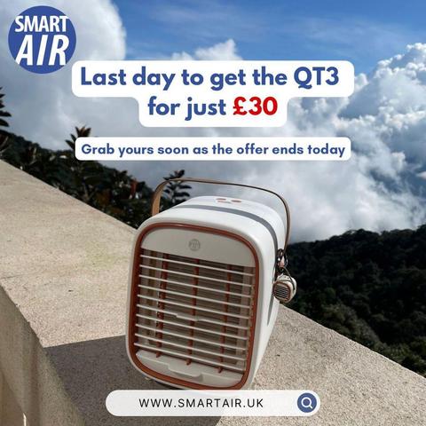 Promotion for the Smart Air’s QT3 air purifier. The image features the portable air purifier placed outdoors with a scenic background. Text reads: “Last day to get the QT3 for just £30. Grab yours before the offer ends!”