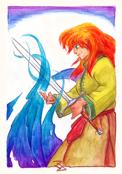Watercolor pencil drawing or a red haired woman, in medieval garments, holding a longsword in her left hand. She's smiling and conjuring some spell with the other hand. Swirls of blueish magic twist around the blade.