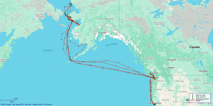 Map showing the voyages of USRC Thetis, from California to Alaska, and return, in 1901-1902.