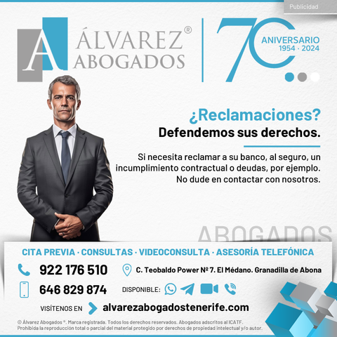 ¿Reclamaciones? En Alvarez Abogados Tenerife defendemos sus derechos. Si ha sufrido un accidente de tráfico, si necesita reclamar a su banco o seguro, incumplimiento de contratos, reclamaciones de cantidad, no lo dude y contáctenos ahora sin compromiso.
https://alvarezabogadostenerife.com/contacto/ 

#alvarezabogados #abogadostenerife #tenerifelegal #derecho #legal #Canarias #Tenerife #abogados #reclamaciones 
