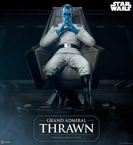 Image de promotion de chez Sideshow. Elle présente sur un fond sombre, l'Amiral Thrawn sur son fauteuil de commandement dans sa position pensive classique. Il est habillé de son uniforme blanc, avec son ceinturon impérial. Ses deux mains se joingnent sous son menton. Ses yeux rouges semblent penser à quelque chose. Il porte ses bottes noires.
Le fauteuil de Thrawn est sur un socle en forme de logo impérial.
Sous la photo il y a écrit : "Grand Admiral Thrawn" et en dessous : "Premium format figure"
Dans le coin inférieur gauche, il y a le logo de Sideshow, un S stylisé. Dans le coin opposé, le logo de Star Wars.