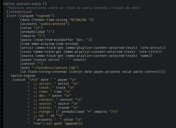 Código que presenta una manera de hacer anotaciones sobre un audio usando elisp