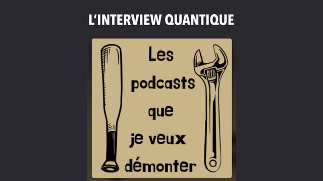 Logo de “Les podcasts que je veux démonter“ avec une batte de baseball et une clé à molette dessinées en noir sur un fond beige.