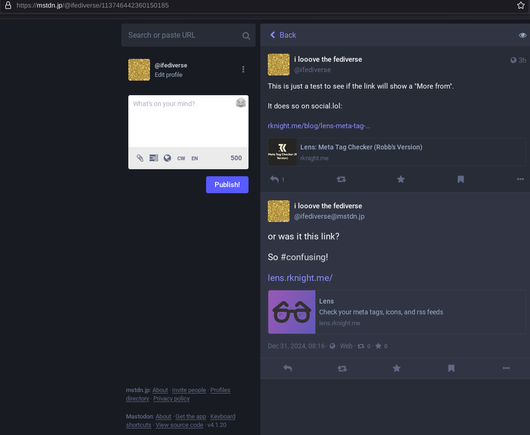 mstdn.jp does not use version 4.3 of Mastodon and for that reason we assume that it doesn't render the "More from" author information.
