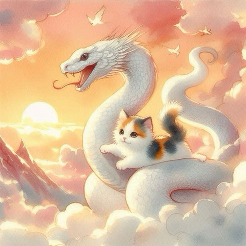 元旦の初日の出、山々の上を漂う白蛇と、その背に乗る三毛猫。