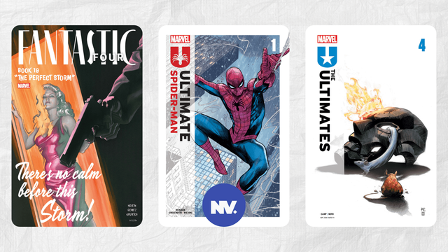 Las portadas de Fantastic Four (2022) #19, Ultimate Spider-Man (2024) #1 y Ultimates (2024) #4, ilustradas por (Alex Ross), (Marco Checchetto) y (Dike Ruan y Neeraj Menon) respectivamente.