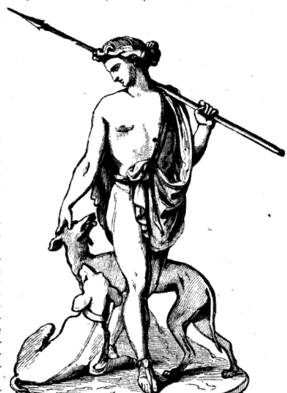 A young man in loose fitting robes and not much of those, carrying a spear, has a couple of dogs along on the hunt with him, one of whom wants to smell his butt because of course a dog wants to check out the leader of the pack. 