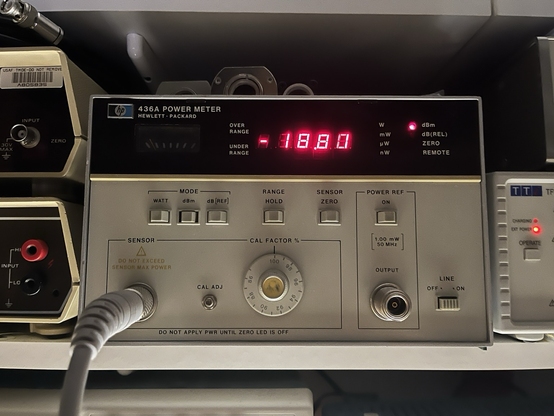 Photo of the HP 436A power meter showing -18.80 dBm