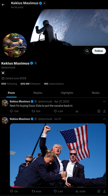 Elon Musk Completes Evolution as Far-Right Troll w. New X Profile
https://newrepublic.com/post/189752/elon-musk-far-right-troll-x-profile-change-pepe-frog

ADL Adds “Pepe the Frog” Meme, Used by Anti-Semites/Racists, to Hate Symbols Database
https://www.adl.org/resources/press-release/adl-adds-pepe-frog-meme-used-anti-semites-and-racists-online-hate-symbols

#billionaires #plutocracy #oligarchy #meritocracy #capitalism
#ElonMusk #Musk #troll #InternetTroll #Kekius #transphobia #racism #WhiteSupremacy
#X_corp #Twitter #meme #Pepe #PepeFrog #HateSpeech #ADL
#USpol #Trump2 #GOP #RepublicanParty #fascism #authoritarianism #DOGE
#Christofascism #transgenocide