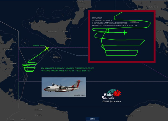 Eine Karte zeigt die Flugspur der Manta 10-03 mit einem Suchkamm östlich von Mahdia, Tunesien. Dabei kreist sie mehrmals über einer bestimmten Position.