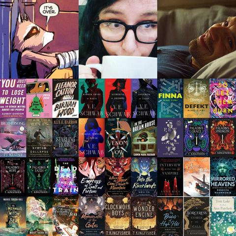 My 2024 book year wasn't big in regards to books read, or even in the length of books (the longest book I read was 648 pages), but big in ideas, in engaging narratives, in brilliant structure, in inspiration, and in enjoyment. 

I read 36 books this year. A whole lot of them were T. Kingfisher. Nine new authors. Most of them women, trans, or nonbinary. Lots of series continuations. Lots of novellas. Lots of queer. 

I was also able to see Rebecca Thorne when she came to The Legendarium! 

And I read... so, so much fanfiction (of the Rocket Raccoon & Bucky Barnes variety--thou only once in the same story. Also? Are you surprised?! I'm nonbinary & full of trauma).

I bought a lot of books, thanks Under the Umbrella, The Legendarium, LibroFM and various thrift stores (reminder that the collecting of books is a different, though adjacent hobby to reading books).

I hope you read some great books this year, books that taught you things, made you feel seen or some catharsis. And may we all continue to fight against book bans, while we support authors & local bookstores!