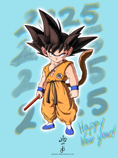 Kid Goku sfondo blu 2025 Happy New year