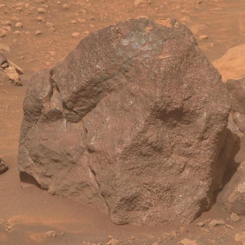 Crop of the linked processed photo focusing on a cracked "varnished" rock, its left & top side resembling a toucan.
