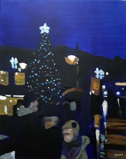 an acrylic painting of an English village street at night with a lit Christmas tree