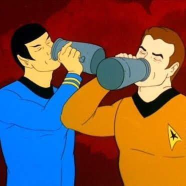 Star Trek The Animated series scene. Cartoon Spock and cartoon Kirk, well regarded colleagues, are chug-a-luggin' out of some big ol mugs. 