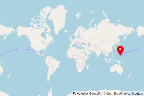 A map showing the great circle route from Cotton Tree in Belize to a map pin at Saint Anthony Catholic Church, Gumayuos Street, Tamuning, GU 96911, United States of America