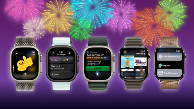 5 Apple Watch screenshots representing key Pigeon version 1.6 features, ranging from a redesigned sticker picker, quick replies, Siri integrations, new GIF picker based on Tenor, as well as shortcuts integration.