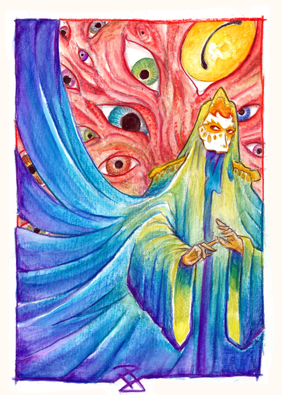 Watercolor pencil drawing of a masked figure, wearing a strange large rainbow cloak warily walking before a gigantic wall flesh with multiple colored eyes.