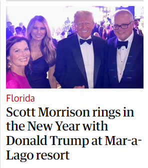 Photo of Scott Morrison, ex-Prime Minister of Australia, sharing new years with Trump and their wives. 