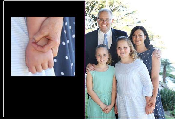 Photo of Scott Morrison, ex-Prime Minister of Australia with his wife and daughters, cropped from a photo they had taken with Prince Harry and his wife Meaghan. Morrison's wife is showing the white supremacist hand signal on her daughter's hand.  
