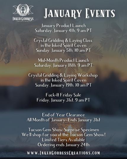 The blurred background features a votive candle burning on a windowsill. There is window frost on the glass and through the window is a sunset on a snowy field with trees on the far side. The white text on top describes January 2025's happenings, including product launches, events, classes, and sales. Presented by Inked Goddess Creations.
