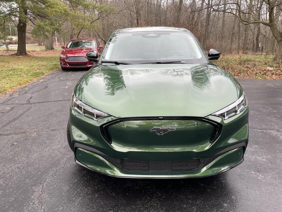 Front angle of Mach-E parked in driveway.