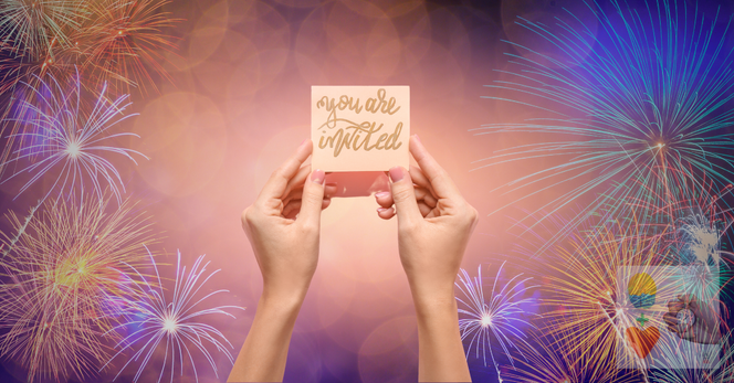 Branded art for my free weekly newsletter, the Three Minute Reset. Background is a collection of purple and pink fireworks. Centered are a pair of hands holding up a card upon which is written, “you're invited.”
