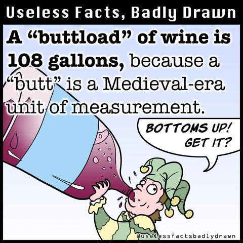 A "buttload" of wine is 108 gallons, because a "butt" is a Medieval-era unit of measurement.