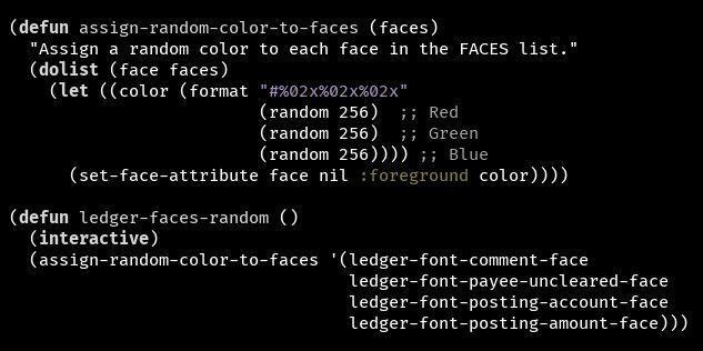 Código que presenta una opción para cambiar el color de las facetas de ledger-mode en emacs