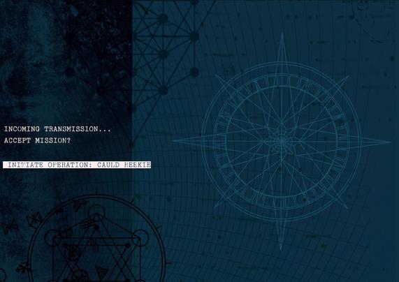 Dark blue shades background with eldritch cold war symbols across page, typewriter style text top right, centre left and bottom right advising  'Transmission Incoming' & 'Standby for Operation Cauld Reekie' the website address for https://morefunwith.games/unveiled-espionage is also included