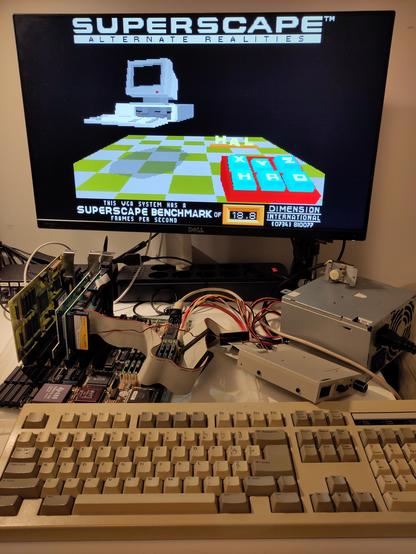 The 486DLC running "3DBench", a known benchmarking program for 486-era systems. It achieves 18.8 fps, which is not great, but not terrible for such a system.