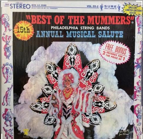 1970s era "Best of the Mummers" string Band album cover featuring a performer in white feathers with red and black sequins. The design reminiscent of a playing card, such as a Jack or King.