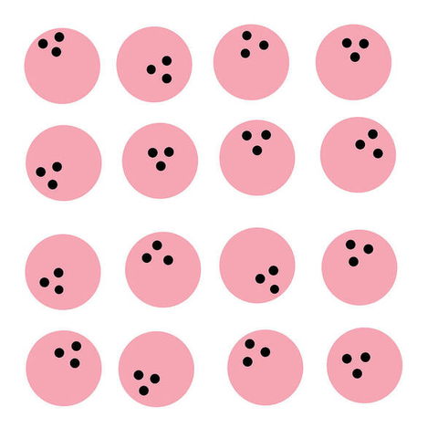 A grid of pink circles, each containing three small black dots, is evenly distributed across a white background. The arrangement creates a pattern reminiscent of bowling balls. The placement of the dot finger holes create a fun kind of personality as they look like little faces with wonderment saying oooh.