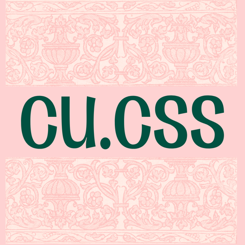 Green text "cu.css" on pink background with fainted vignette above and below, in pink and lighter pink of vines and jars