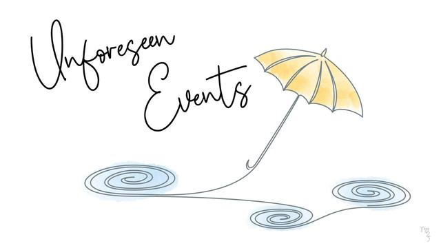 Unforeseen Events / A continuous line drawing of an umbrella with raindrop puddles on the ground - Illustration by Michael Blank