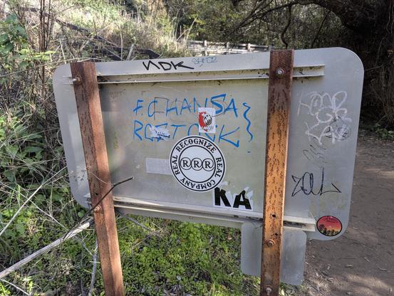 A big obnoxious sticker. There were several on the fronts of signs going down Highway 1. This one was on a park sign on the trail to McWay Falls.