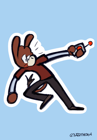 a brown donkey with a cream colored muzzle wearing a burgundy shirt over a gray sweater and black pants is holding out a controller with a red button 
