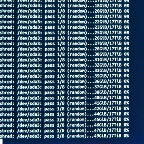 Terminal screen displaying command lines with the ongoing "shred" command, showing progress as data is being erased.