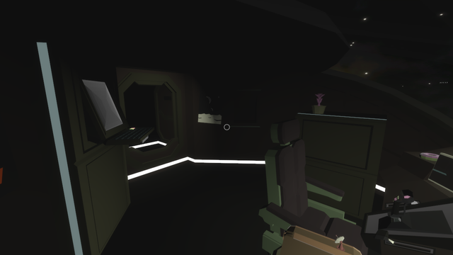 A screenshot of the cockpit/bridge, looking back toward the bulkhead door. On the right in the shadows is a poster showing a pair of moons rising above a planet surface