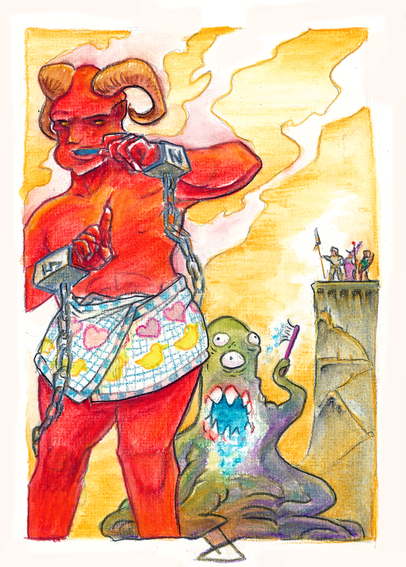 Watercolor pencil drawing of a small groupe of DnD adventurers coming before a huge red demon only dressed with a bath towel and brushing his teeth, gesturing the groupe to wait a while. There's also a tentacled eyed green thing brushing their teeth and bubbling something at the group. 