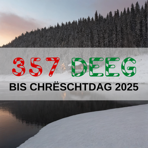 Image created using AI technology provided by Fooocus v2.5.5 (https://github.com/lllyasviel/Fooocus).
Front text: "357 Deeg bis Chrëschtdag 2025"