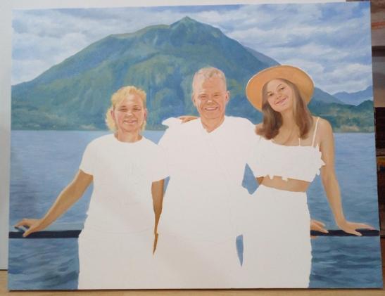 a painting, it is a man in the center, his wife on the left, his daughter on the right, looking at the viewer from their knees up, a large body of water and a mountain coming from an island in thailand, a blue sky with clouds behind them , the figures' faces and arms are painted but not their clothes yet 