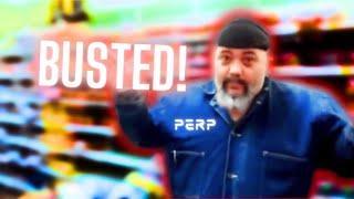 An alleged stalker wearing a denim jacket throwing his arms up in the air with the caption: BUSTED!