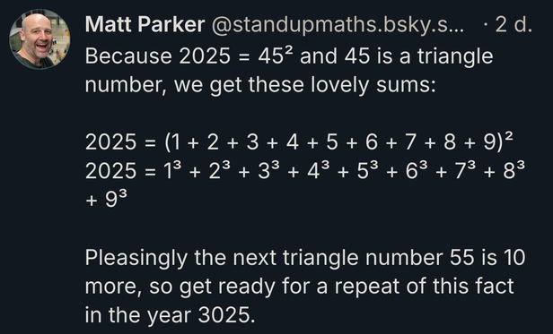 Post Matta Parkera (standupmaths) z BlueSky dotyczący roku 2025