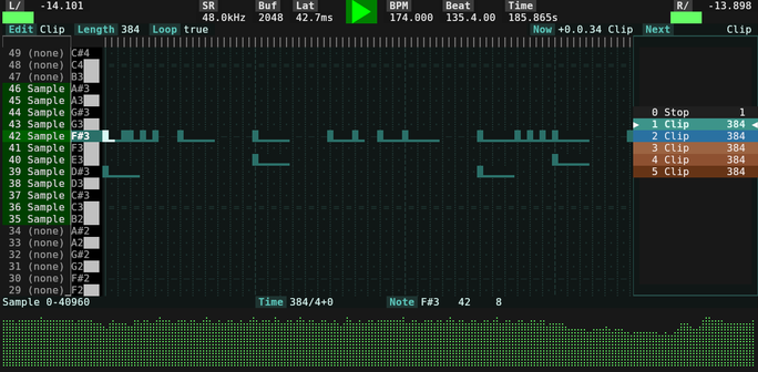 screenshot of terminal daw with a whole lot of new stuff, like a sampler! sample preview! audio meters!