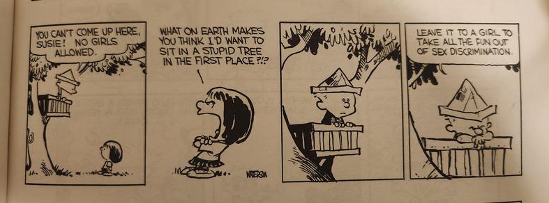 Calvin won't let Susie up in his tree house. Susie doesn't want to come up anyway. Calvin muses on this and complains she takes all the fun out of sex discrimination.