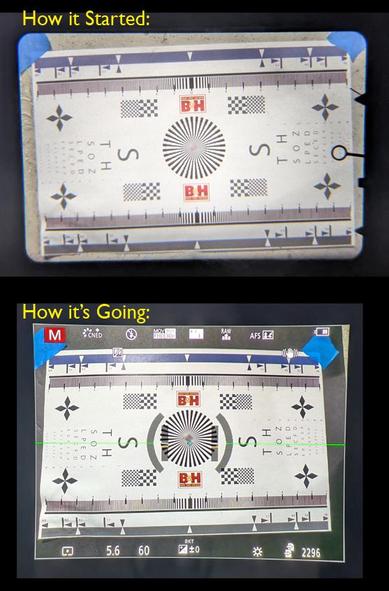 Image showing Two Camera Viewfinders.  On top is the viewfinder of a mid-1970s Minolta srT200 with contrast based needle meter.  Bottom is a 2017era Lumix G9 with it's viewfinder full of icons and data.