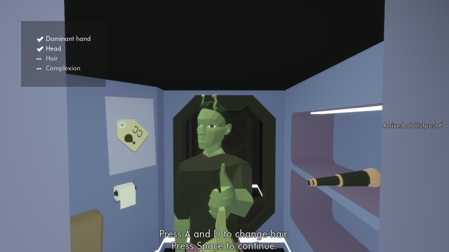 A screenshot of the character customisation screen in Wink Commander with a green player with antennae giving a thumbs up. A checklist appears on the upper left, showing check marks next to "dominant hand" and "head" and ellipses next to "hair" and "complexion"