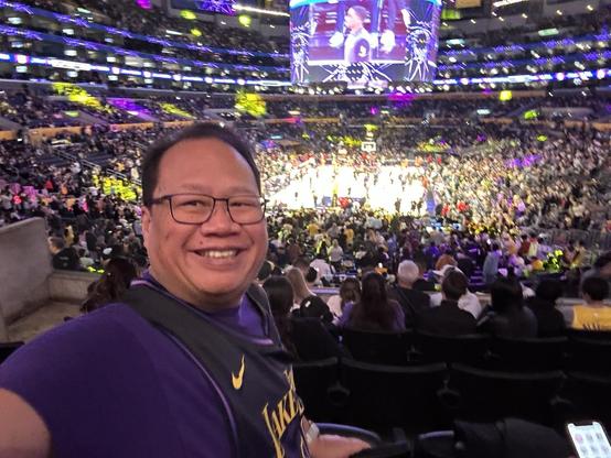 Selfie with the Lakers City edition home court in the background