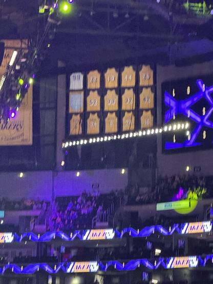 Zoomed in shot of the Lakers retired jerseys 